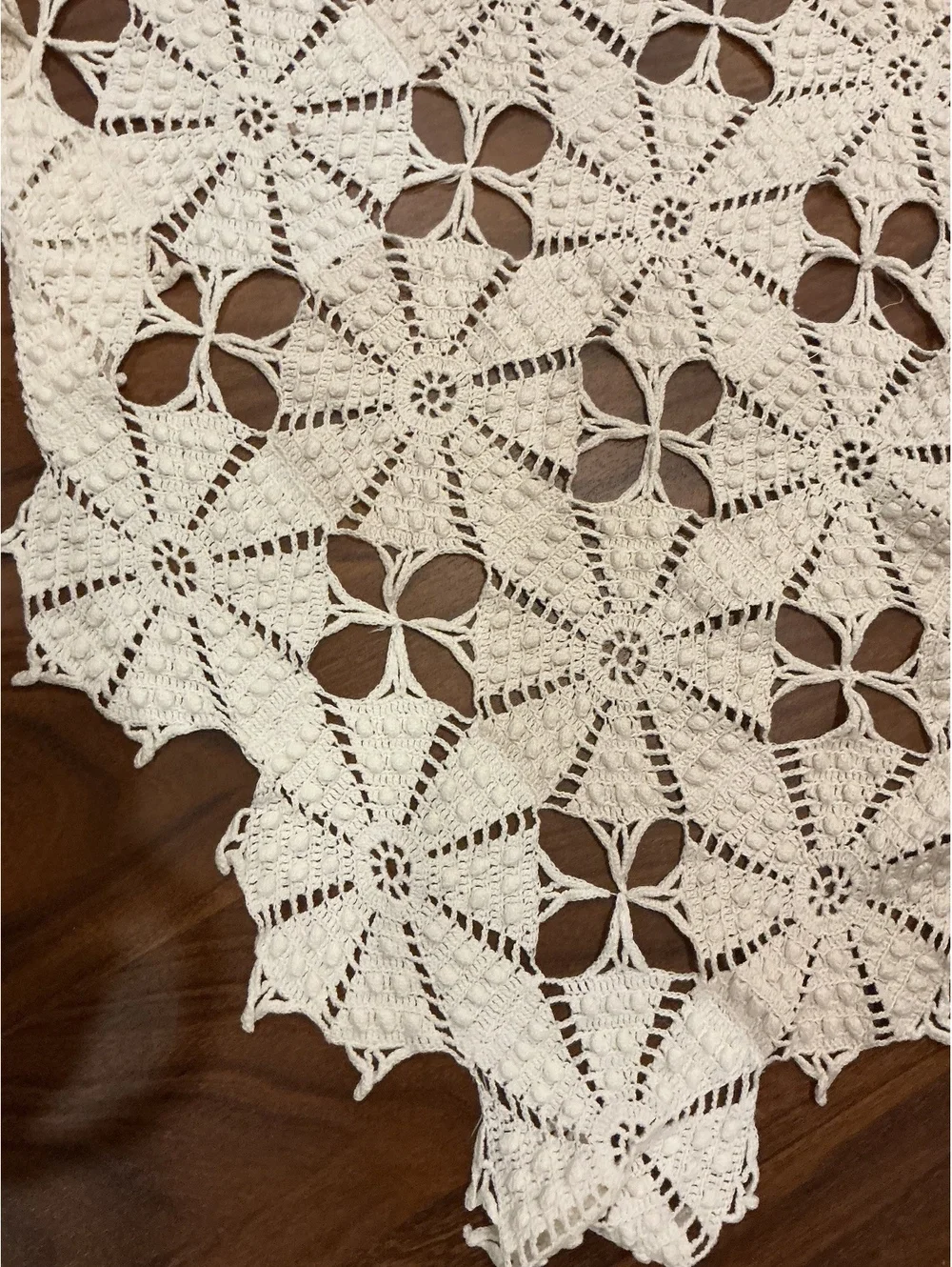 Antique Handmade Filet Crochet Coverlet Queen Geometric Floral Cream